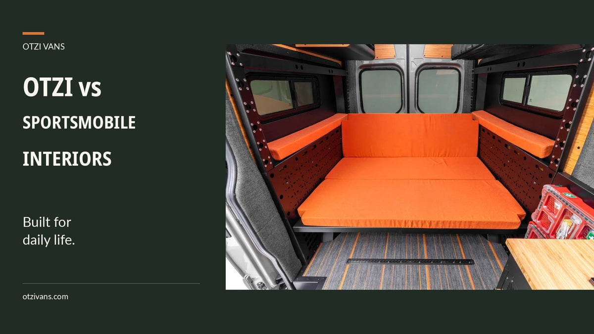 Otzi vs Sportsmobile: Built for daily life. Orange lounge cushions, black gear walls and bamboo accents inside an authentic Otzi van.