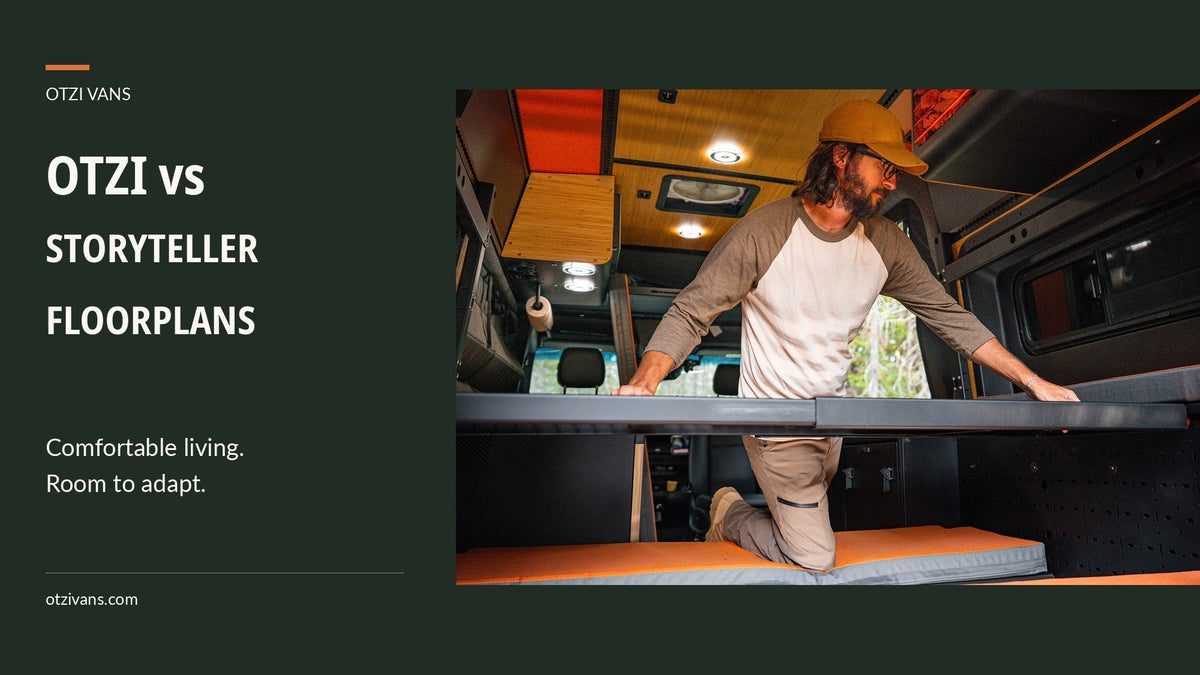 Otzi vs Storyteller: Comfortable living, flexible floorplan. A person adjusts the Lifestyle Bed System inside an authentic Otzi van.