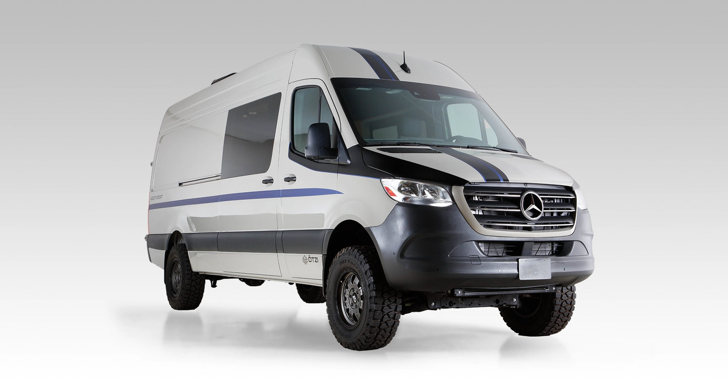 Custom overland camper van with rear ladder and spare tire carrier for serious vanlife travel