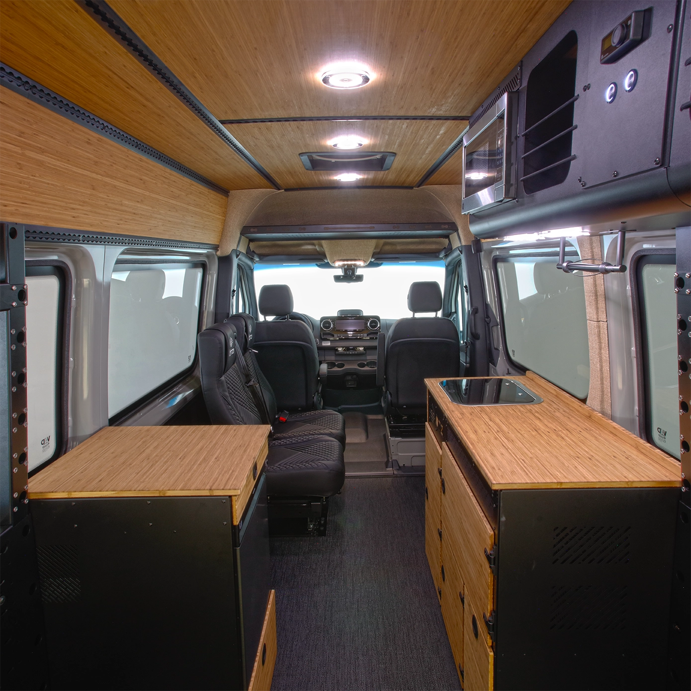 Overland camper van interior with wet bath and composting toilet for self‑contained off‑grid camping
