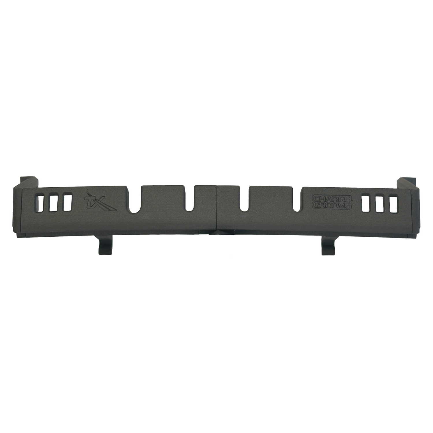 Black plastic rifle dust cover with vented cutouts and molded logos