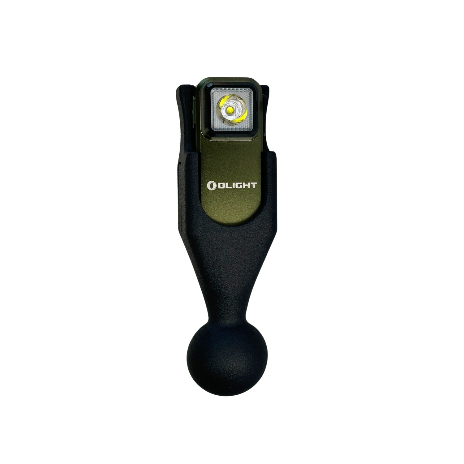 Compact black and green clip-on LED flashlight with bulb visible at top.
