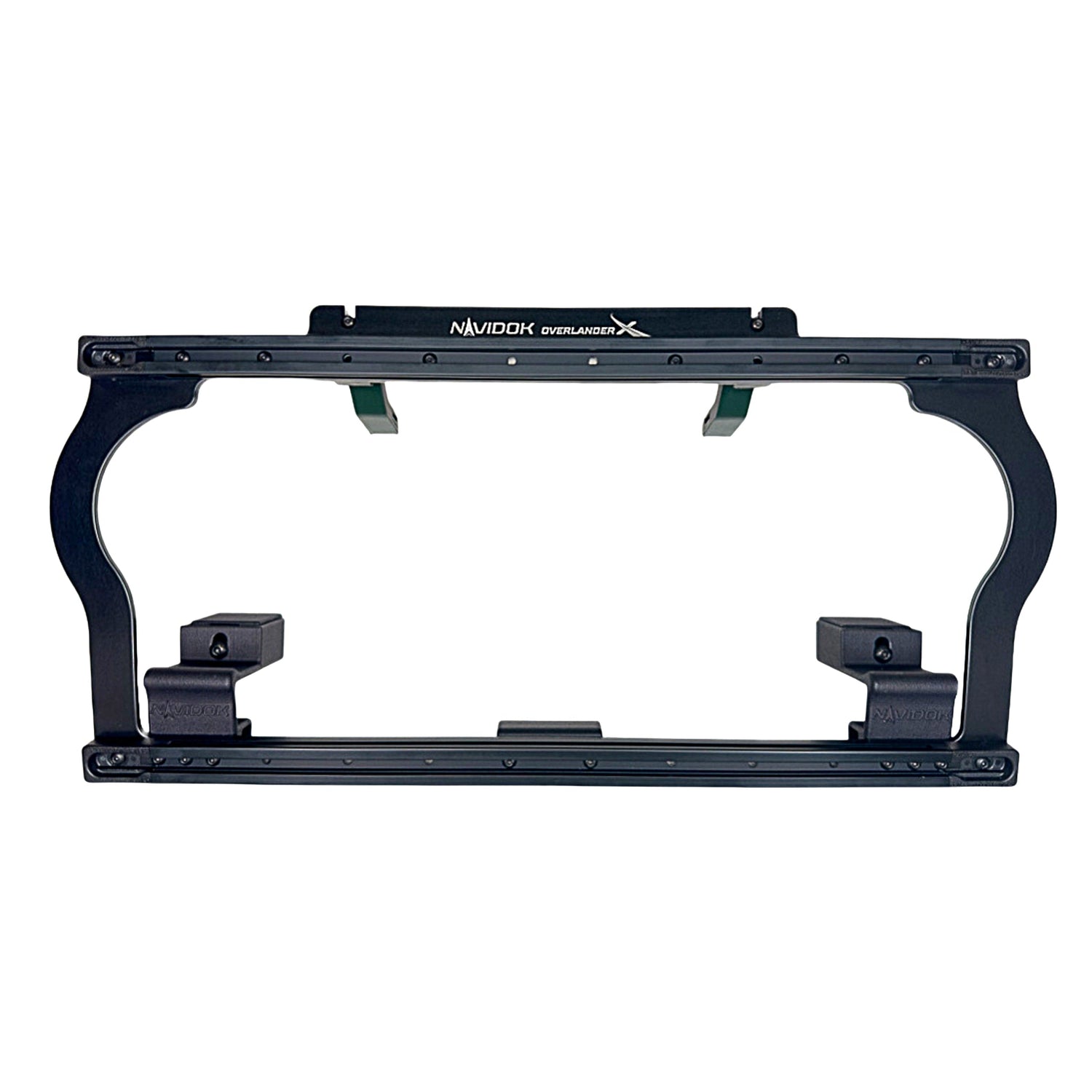 Black aluminum license plate frame with mounting hardware and Overlander X branding.