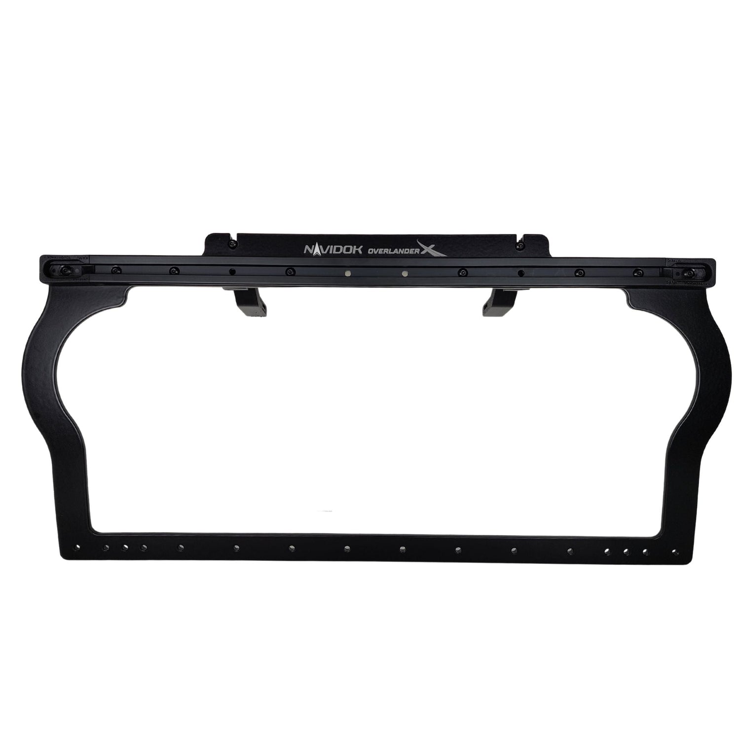 Black metal dash mount panel frame with cutouts and screw holes.