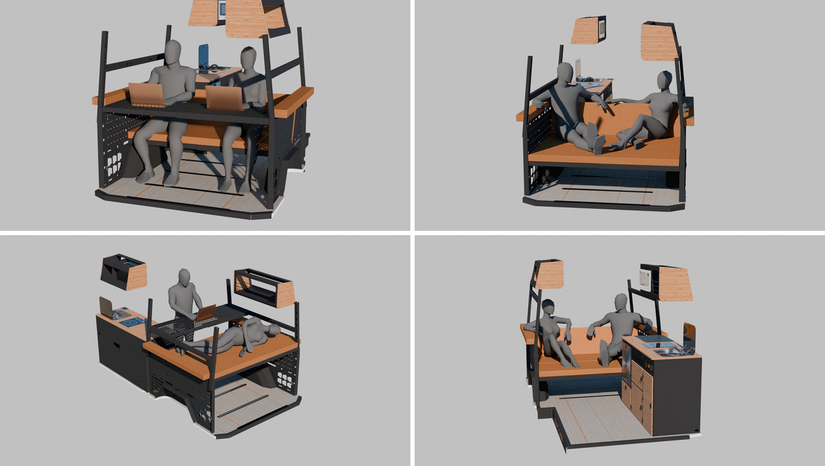 Otzi modular L-Track interior configuration renders, set 6 of 7