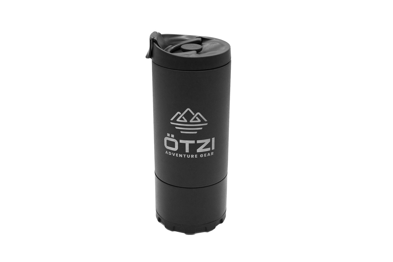 Black Ötzi Adventure Gear travel mug with flip-top lid and rugged design.
