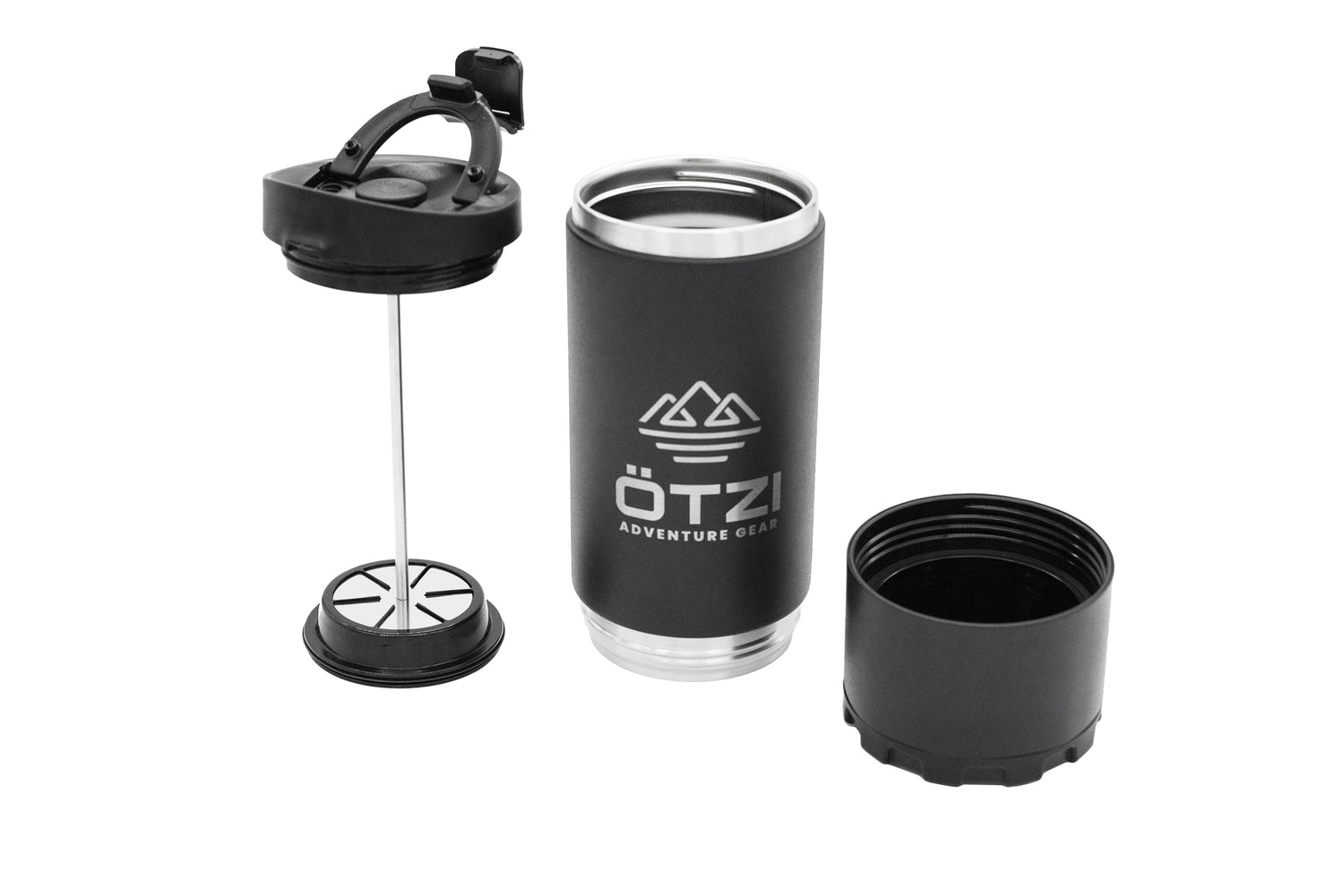 Black insulated travel mug with French press lid and detachable base shown separately