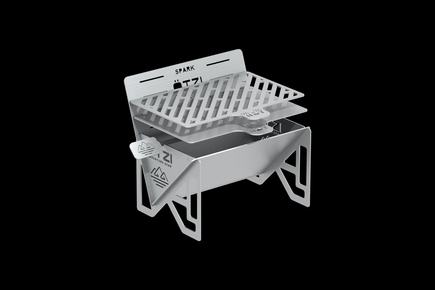 Compact stainless steel campfire grill with adjustable cooking grate.
