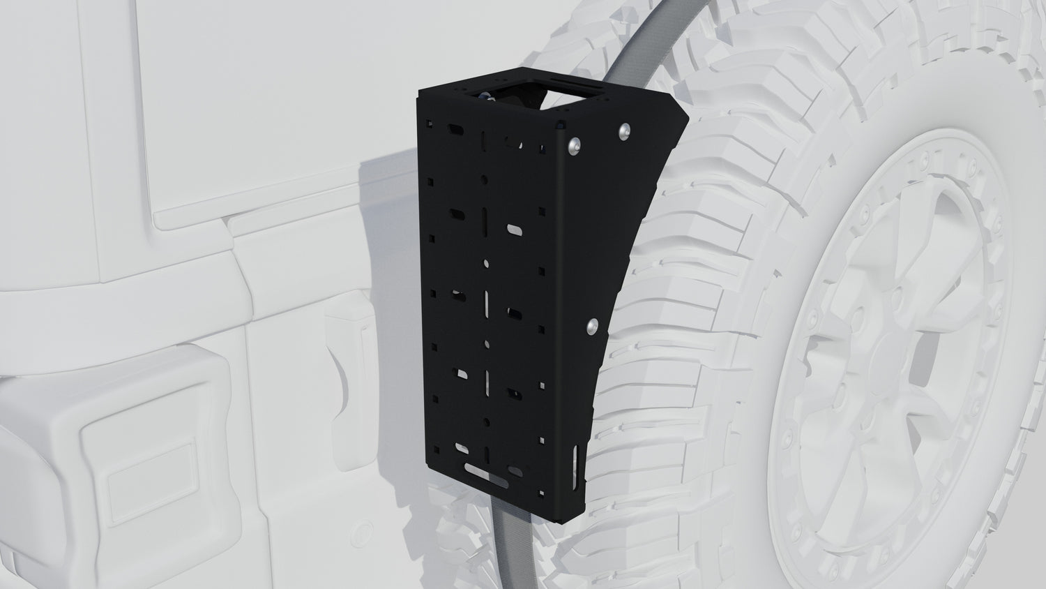 Black metal mount bracket attached to the rear tire area of an off-road vehicle