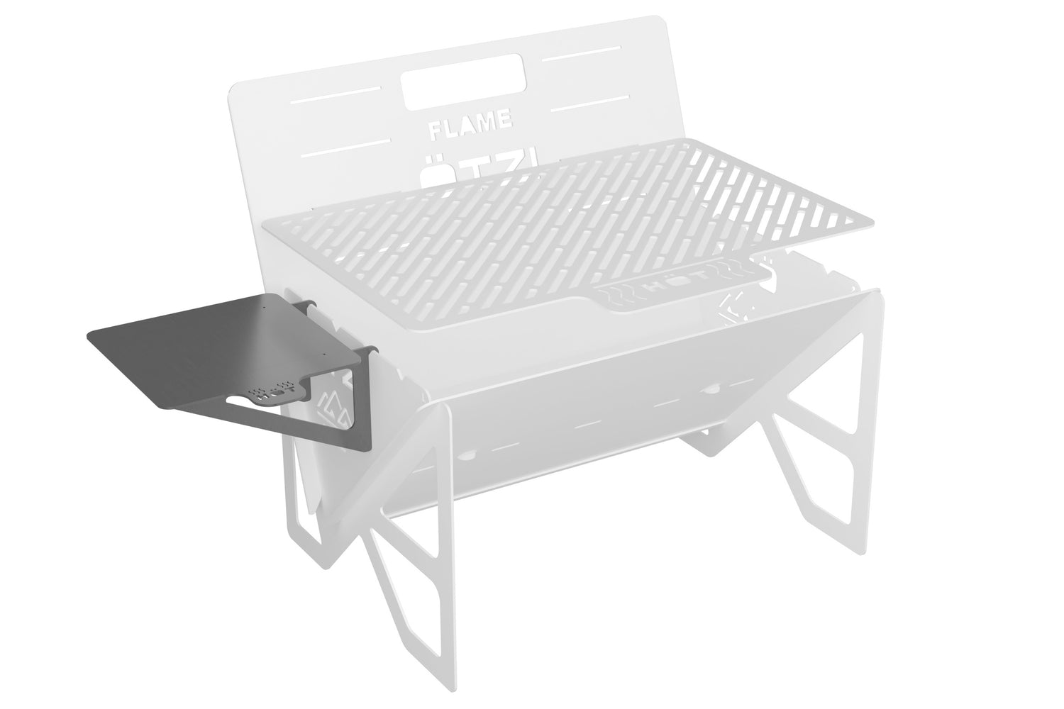 Side shelf attachment for portable outdoor grill, shown in black with main grill grayed out.