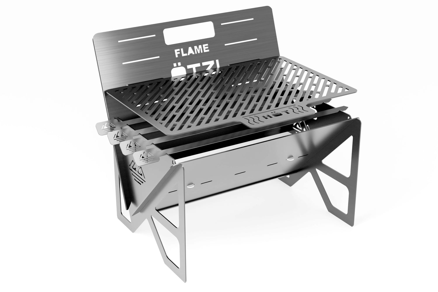 Portable stainless steel grill with skewers and slotted cooking surface.