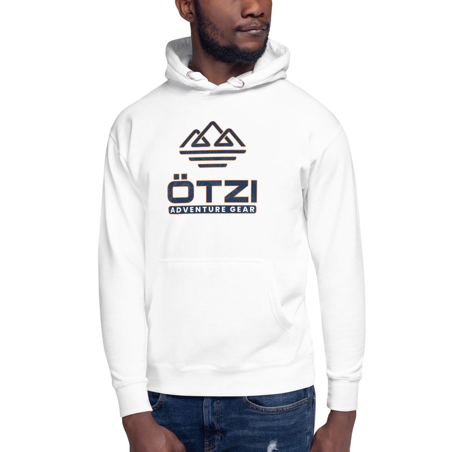 Man wearing a white hoodie with Ötzi Adventure Gear logo and mountain graphic