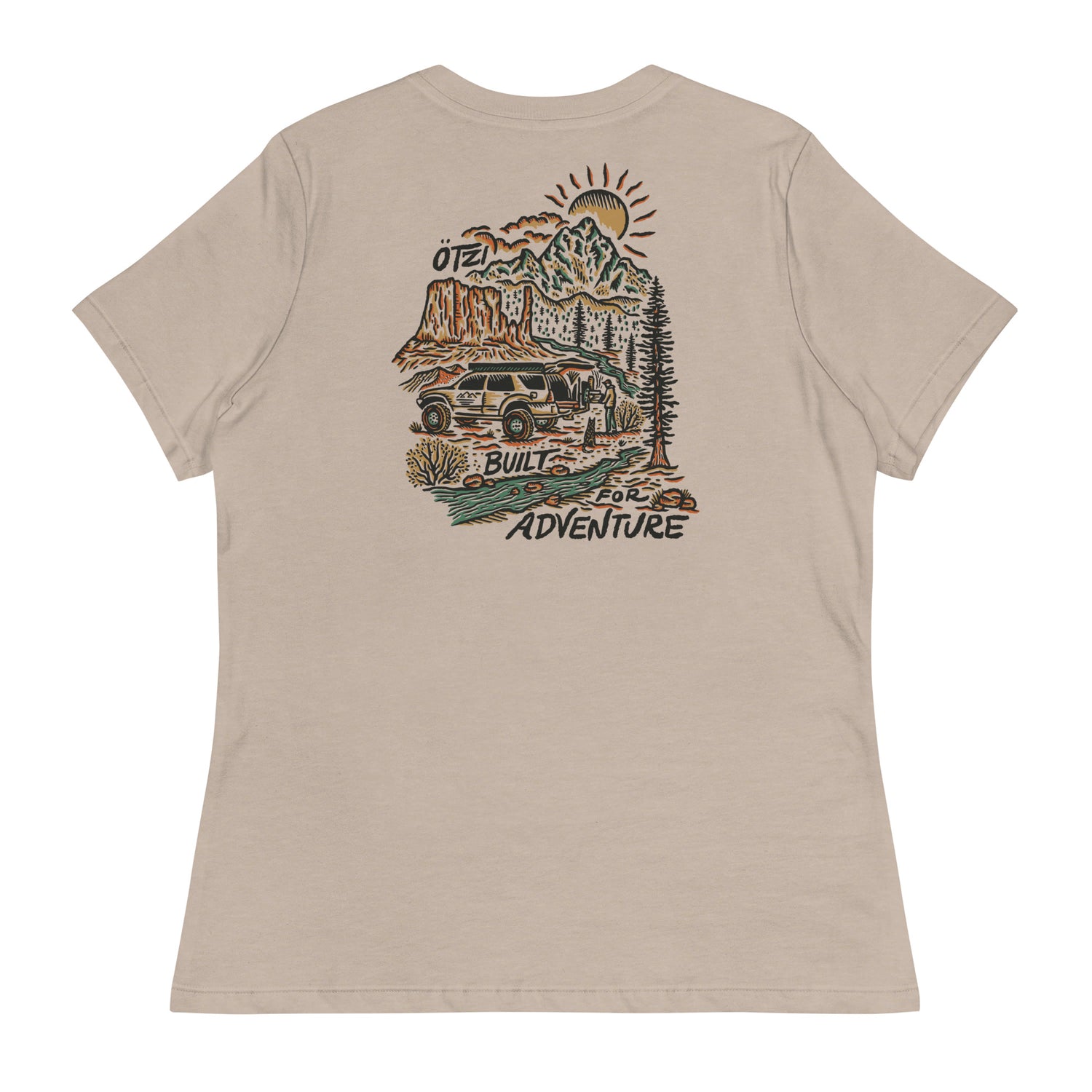 Beige graphic t-shirt with a vintage truck and mountain illustration reading 'Built for Adventure'