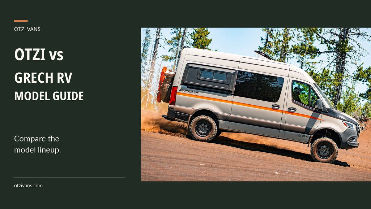Otzi vs Grech RV: Compare the model lineup. An authentic Otzi adventure van on a forest dirt road.