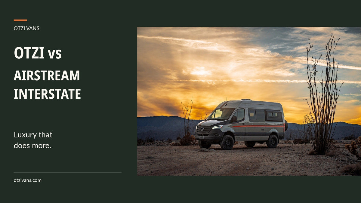 Otzi vs Airstream Interstate: Luxury that does more. An actual Otzi adventure van in the desert at sunset.
