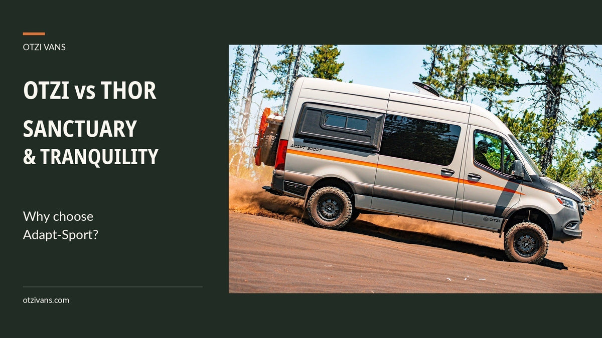 Otzi vs Thor Sanctuary and Tranquility: Why choose Adapt-Sport? Actual Otzi van on a forest trail.