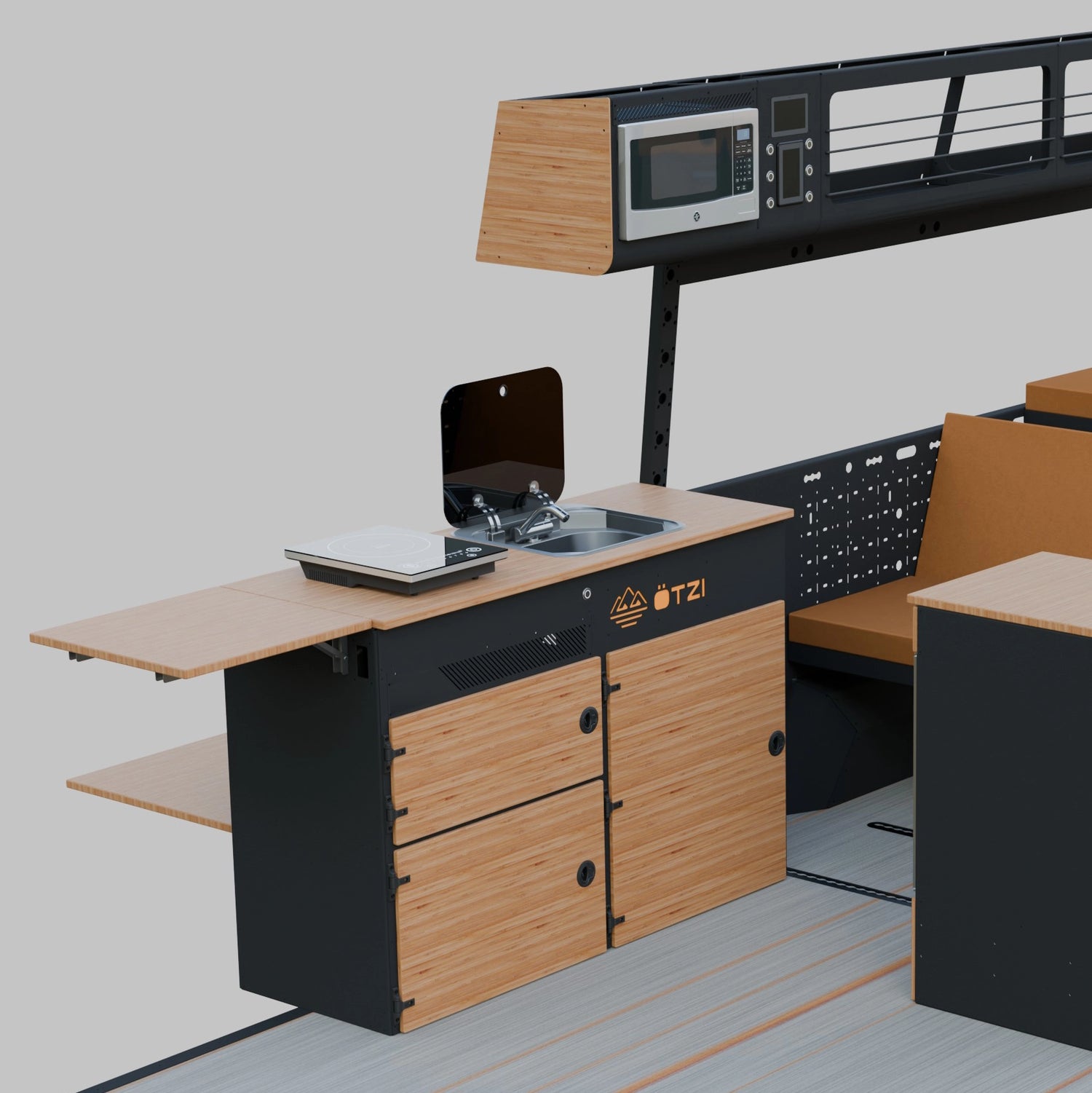 Adventure van roof with solar panels, cargo box, and traction boards for overland vanlife