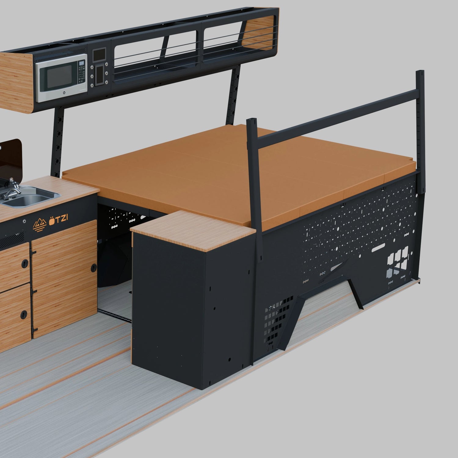 Rear of off‑road camper van open, showing organized garage storage with bikes and camping gear