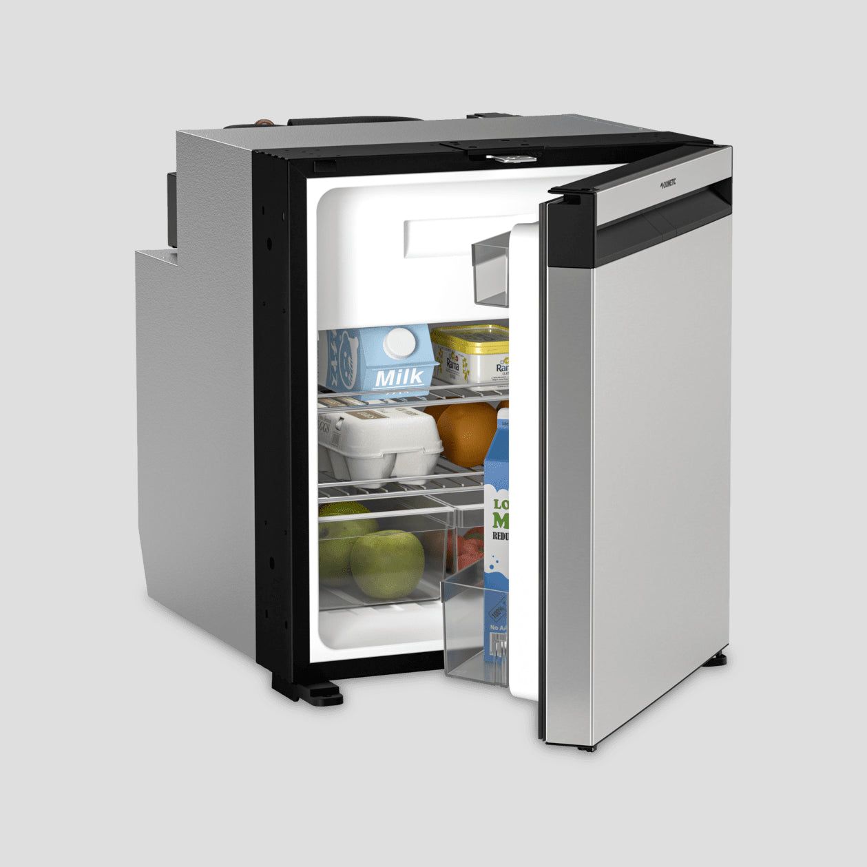 Adventure van parked between pine trees with a campfire burning at a secluded campsite