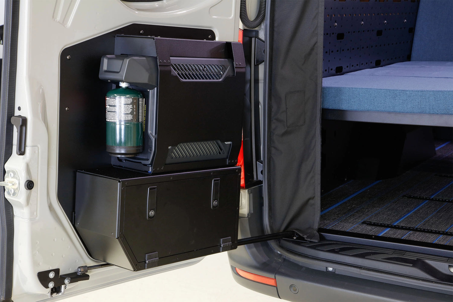 Adventure van conversion detail showing hot water outdoor shower system like gone mobile vans. 