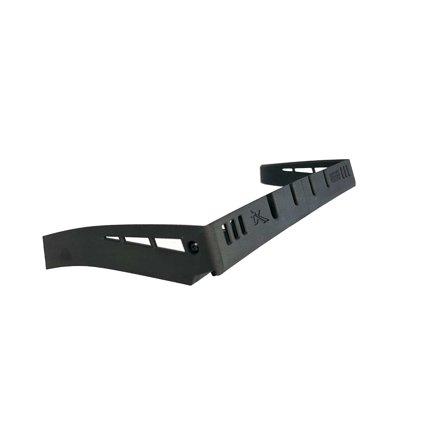 Black plastic automotive bumper bracket with angled slots and mounting points