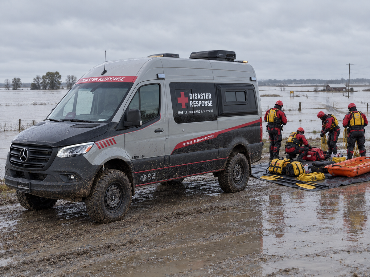 Otzi ASDR-144 AWD Sprinter response vehicle staged on a flooded road with a swiftwater rescue team laying out gear