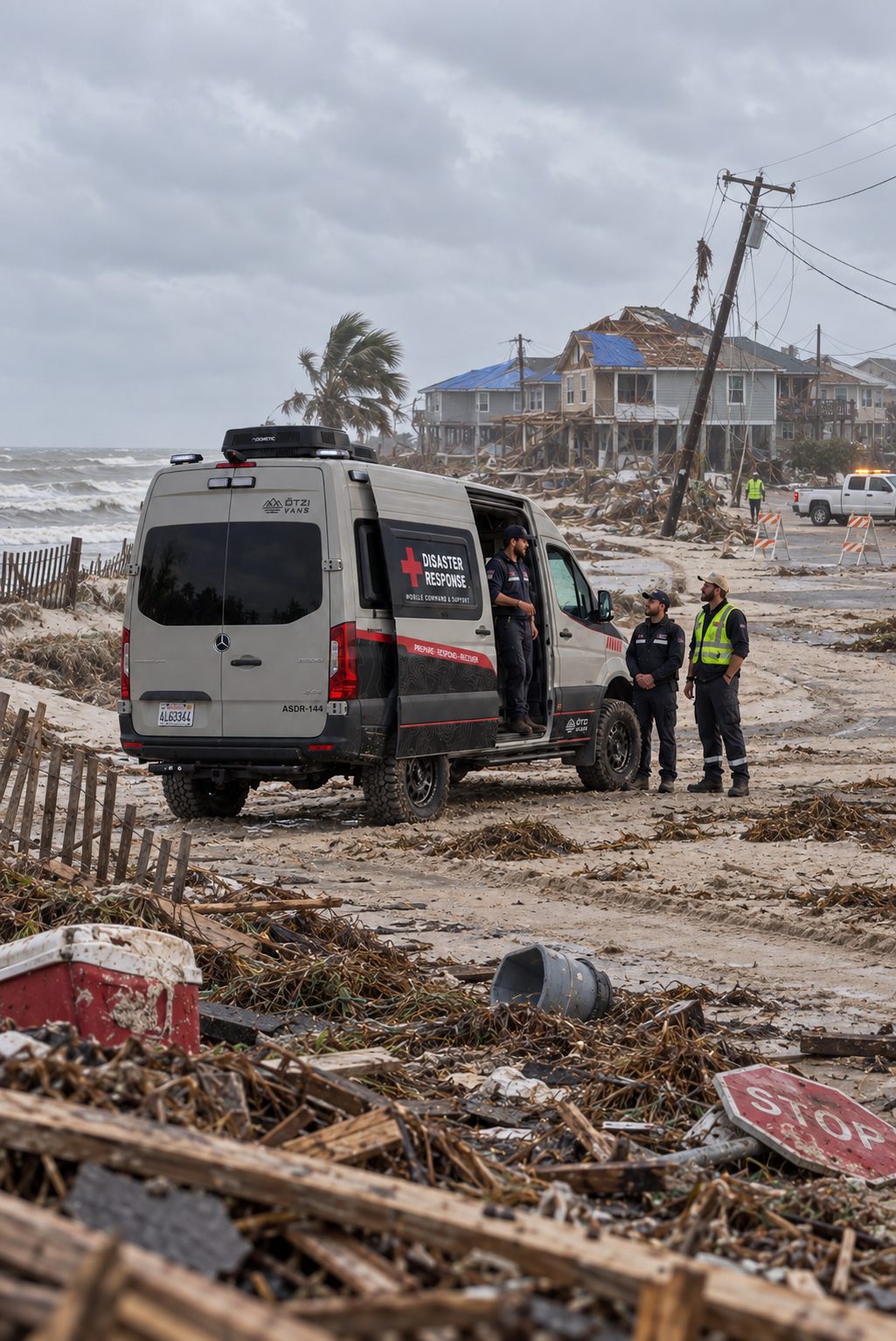 Otzi ASDR-144 disaster response vehicle on a debris-covered coastal road after a hurricane with response crew