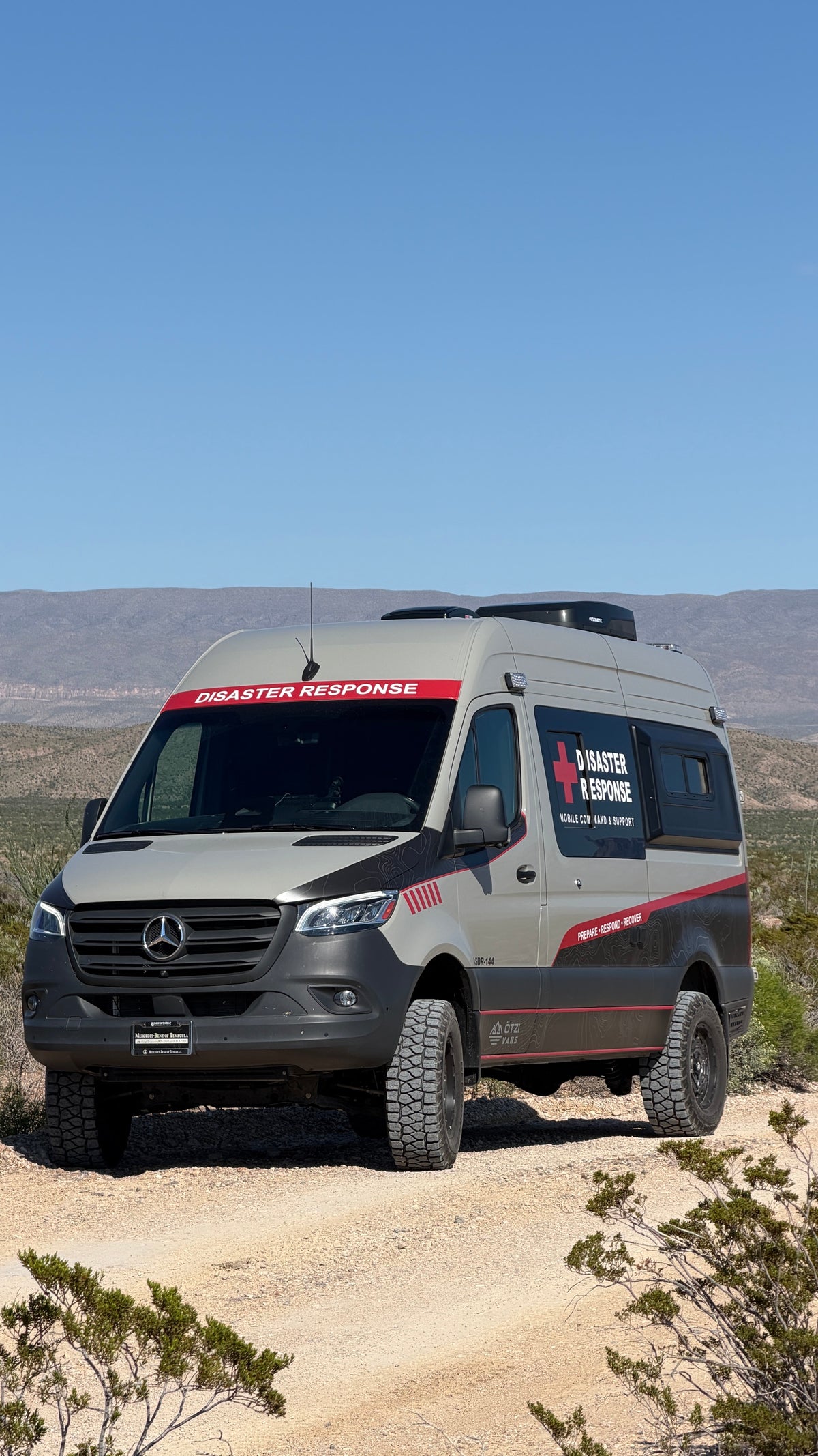 Otzi ASDR-144 AWD Mercedes-Benz Sprinter disaster response vehicle on a remote desert access road