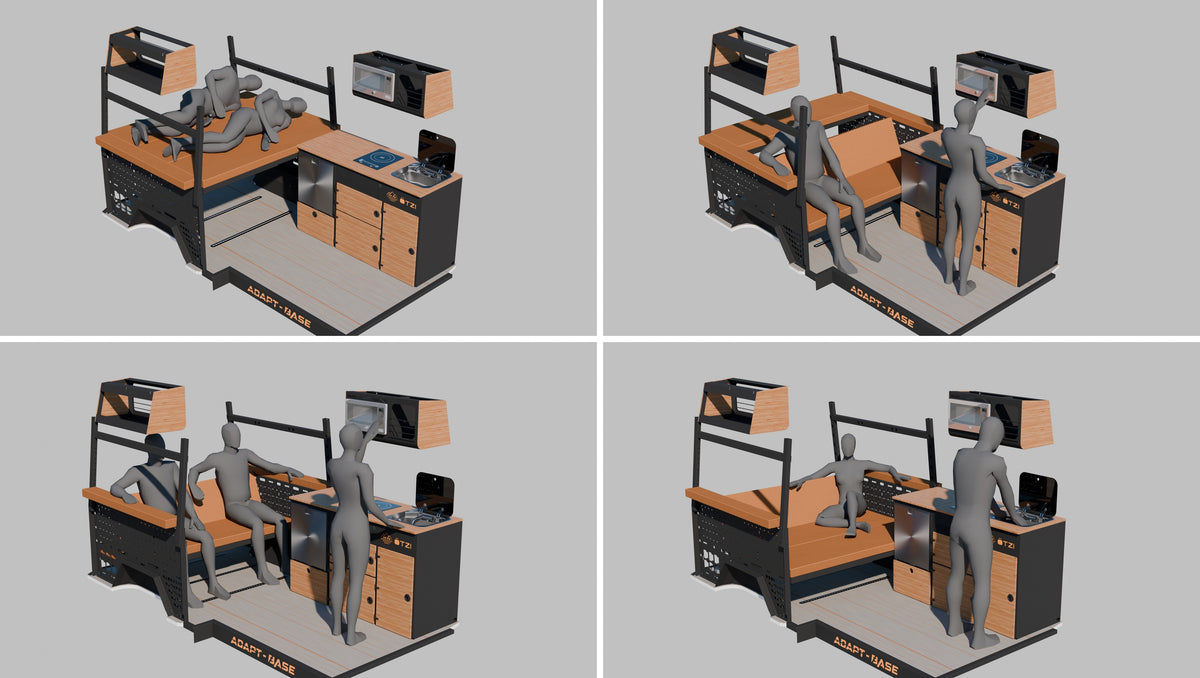 Otzi modular L-Track interior configuration renders, set 1 of 7