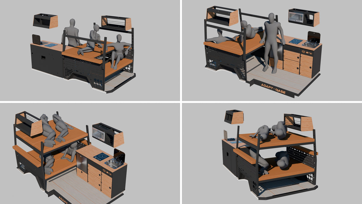 Otzi modular L-Track interior configuration renders, set 4 of 7