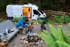 Man cooking over a portable grill near a camper van in a forest campsite with a dog nearby