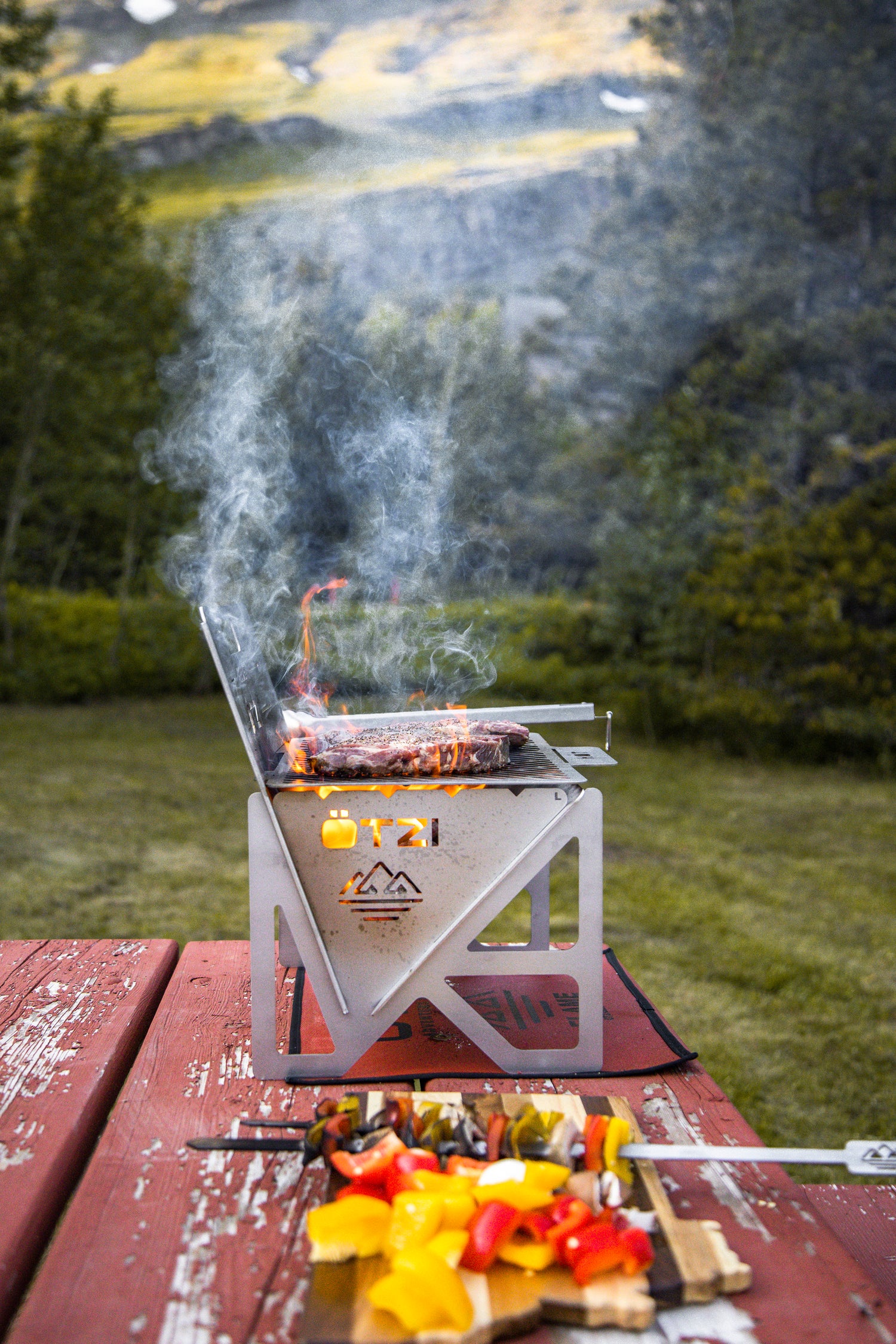 Portable metal grill with meat cooking over flame on picnic table, skewers of vegetables in foreground