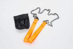 Hand chainsaw with orange handles and carrying pouch on white background