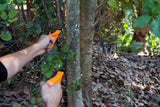 Person using a manual hand chainsaw to cut a small tree trunk outdoors.