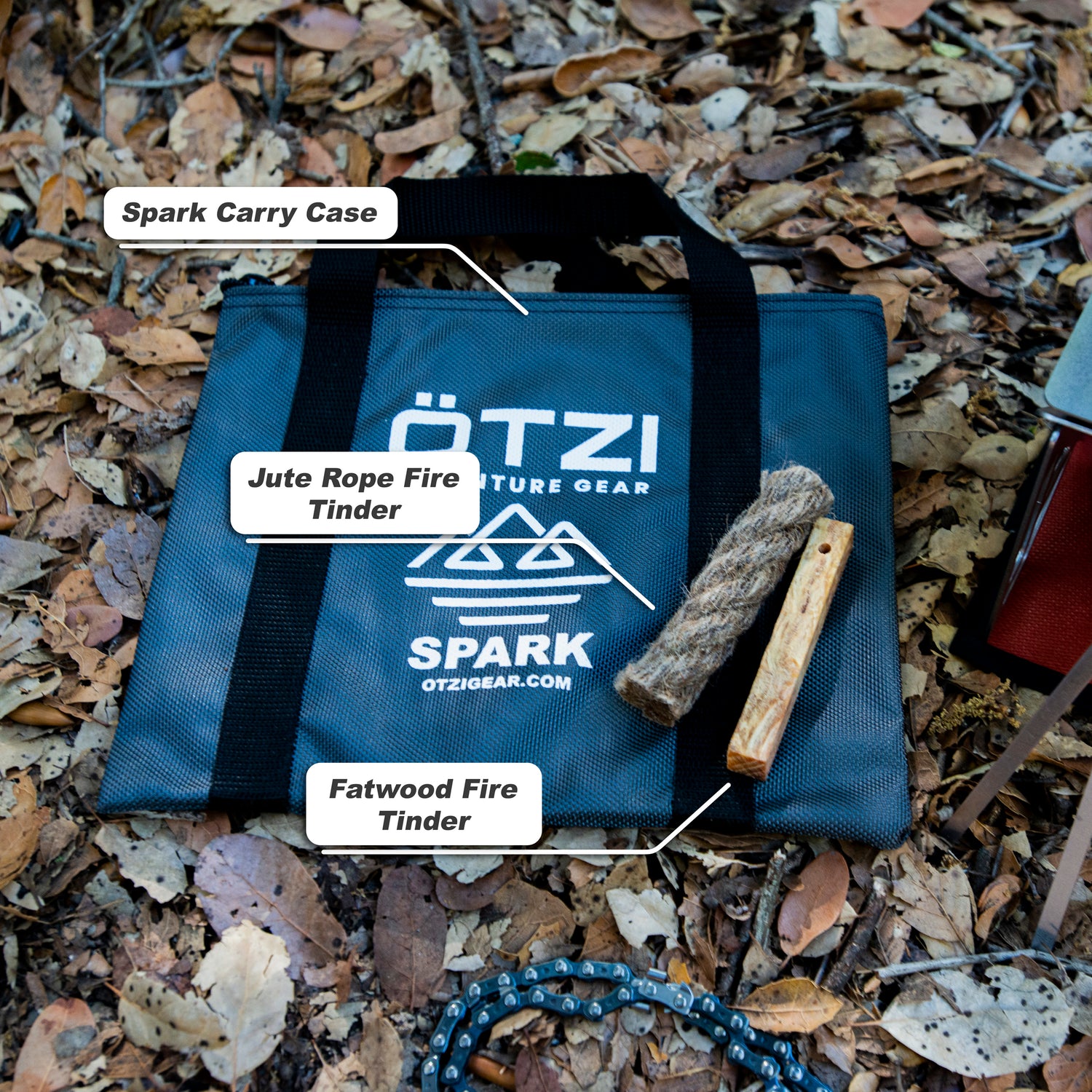 Outdoor fire-starting kit with spark carry case, jute rope tinder, and fatwood fire stick on forest floor.