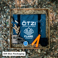 Outdoor fire starter kit in gift box with tools and flame-resistant pouch