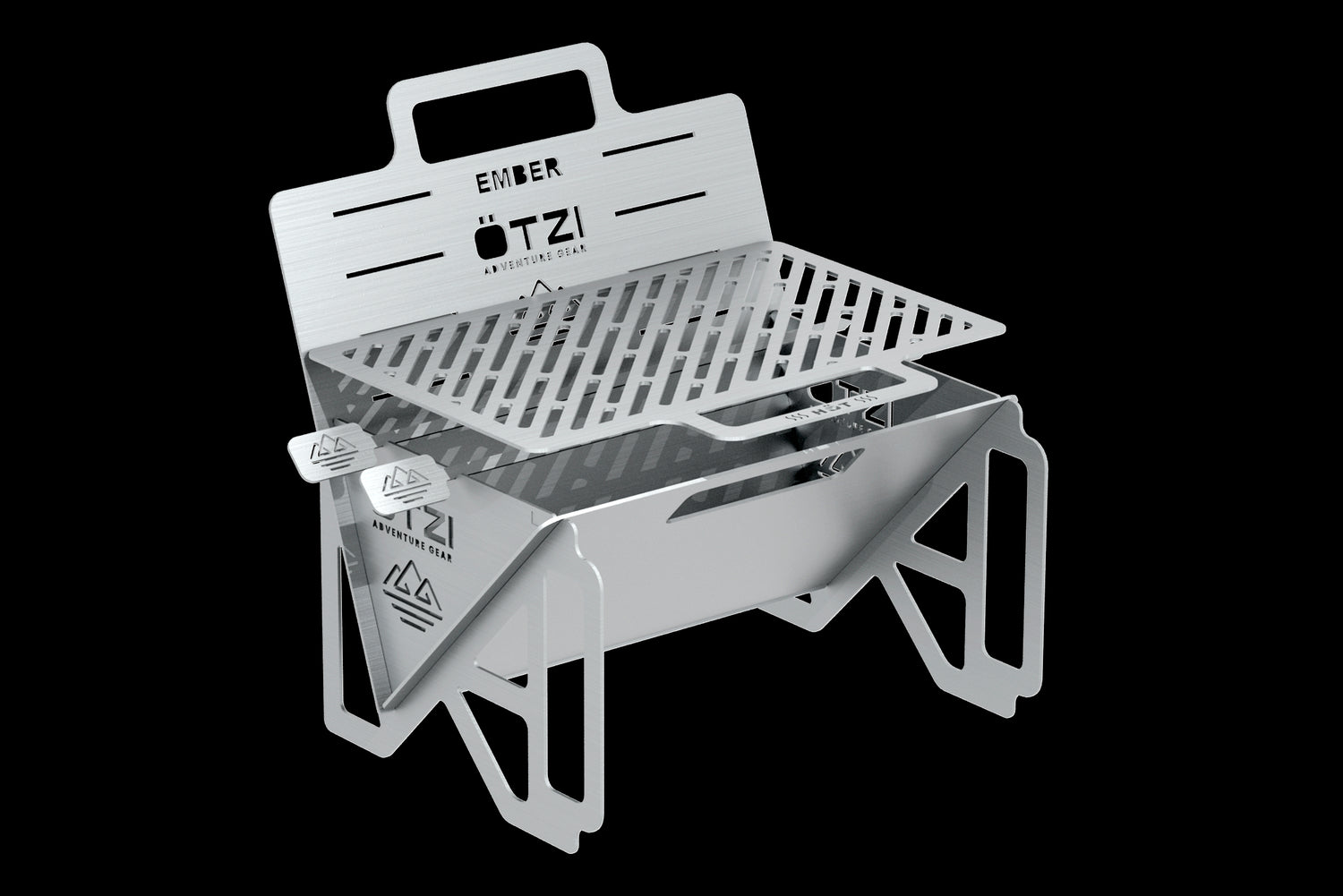 Portable stainless steel grill with adjustable grate and foldable legs.