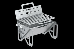 Portable stainless steel grill with adjustable grate and foldable legs.