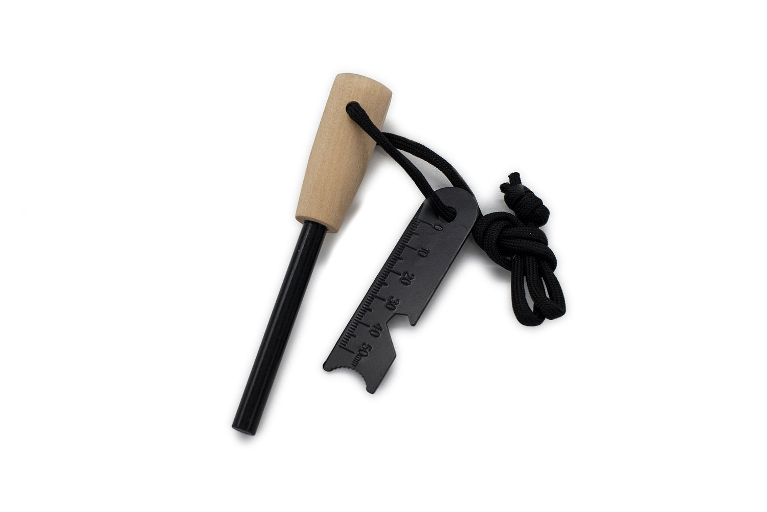 Fire starter kit with wooden handle, metal striker, ruler edge, and paracord lanyard