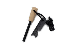 Fire starter kit with wooden handle, metal striker, ruler edge, and paracord lanyard