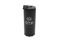 Black Ötzi Adventure Gear travel mug with flip-top lid and rugged design.