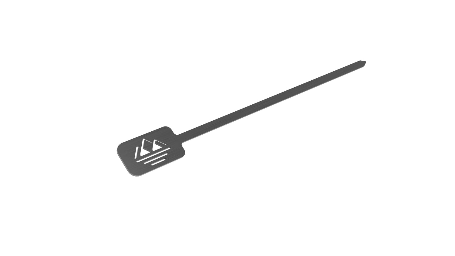 Stainless steel pizza oven turner with long handle and cutout mountain design on the paddle.