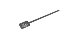 Stainless steel pizza oven turner with long handle and cutout mountain design on the paddle.