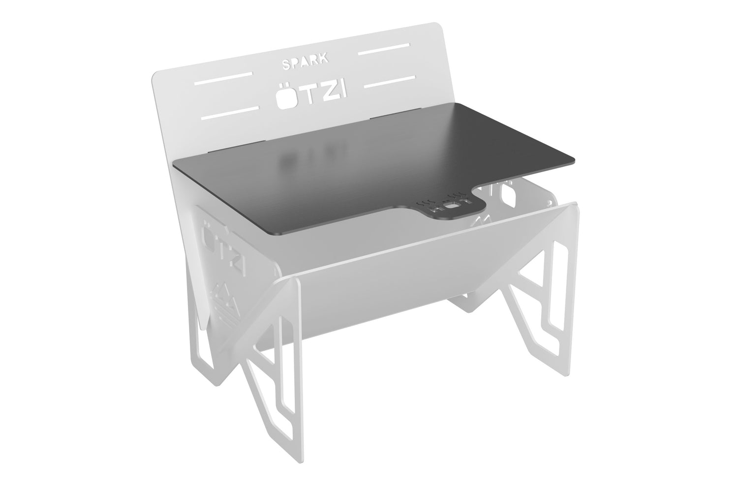 Compact white metal desk with a black tabletop and cutout back panel design