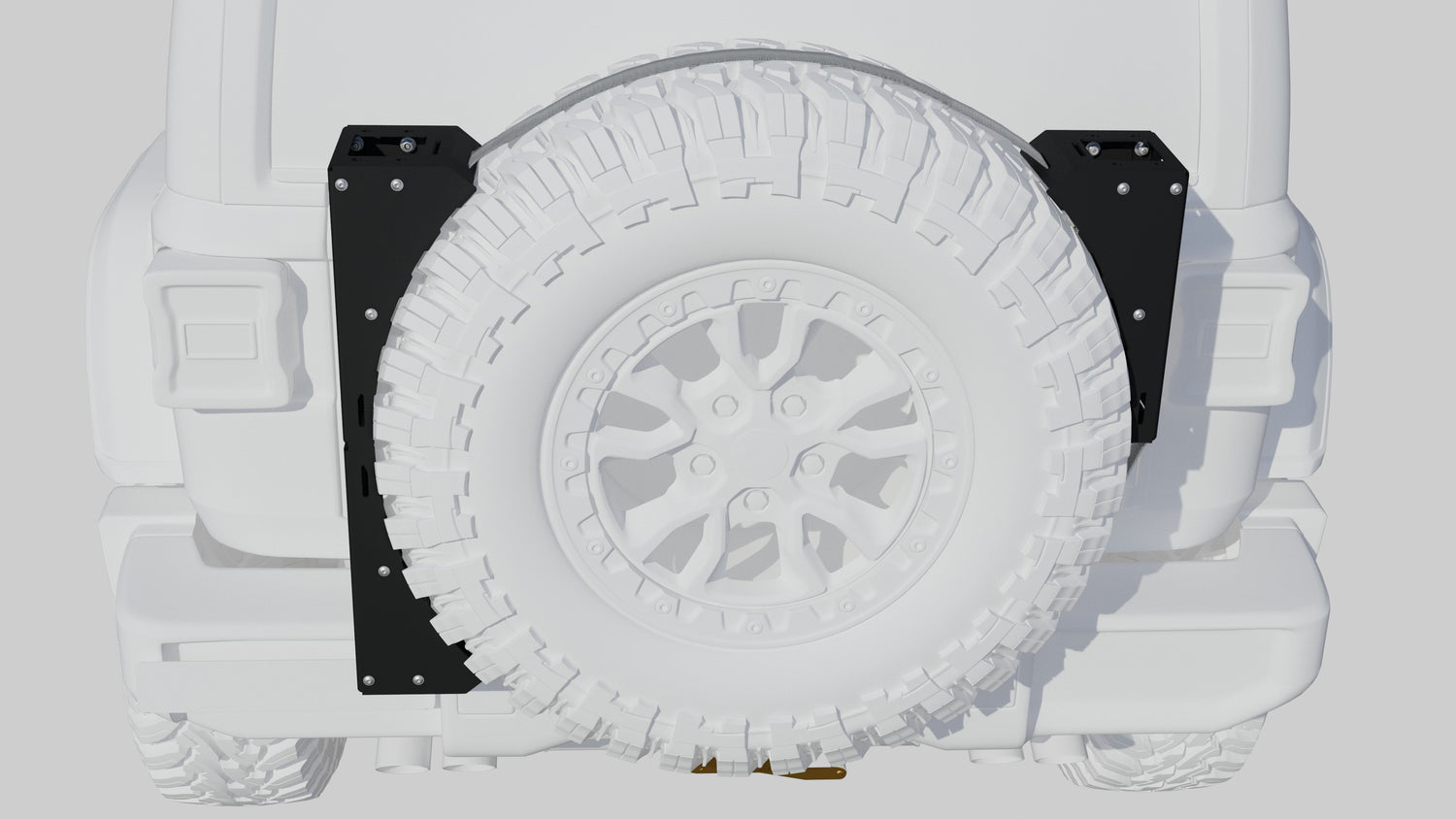 Rear view of a Jeep with a tire carrier and black mounting brackets installed.