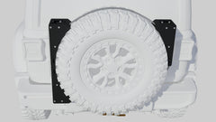 Rear view of a Jeep with a tire carrier and black mounting brackets installed.