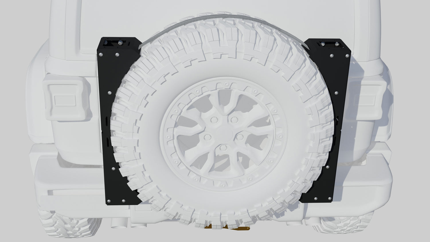 Black steel mounting brackets installed on a rear Jeep tire carrier
