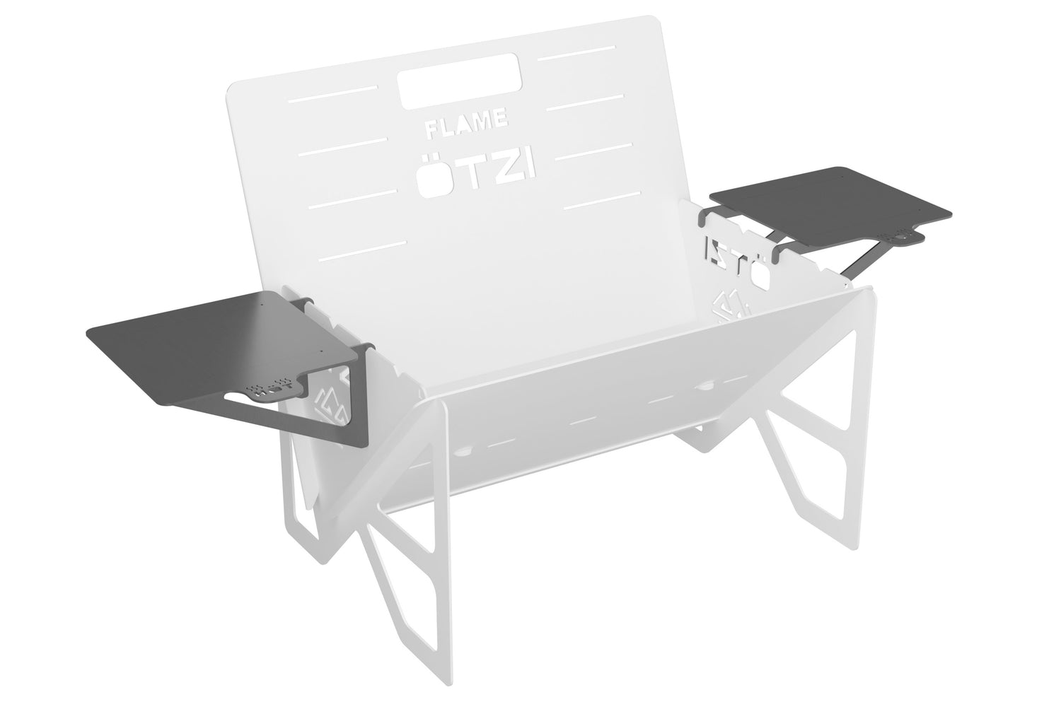 White portable fire pit with fold-out black side trays and cut-out handle.