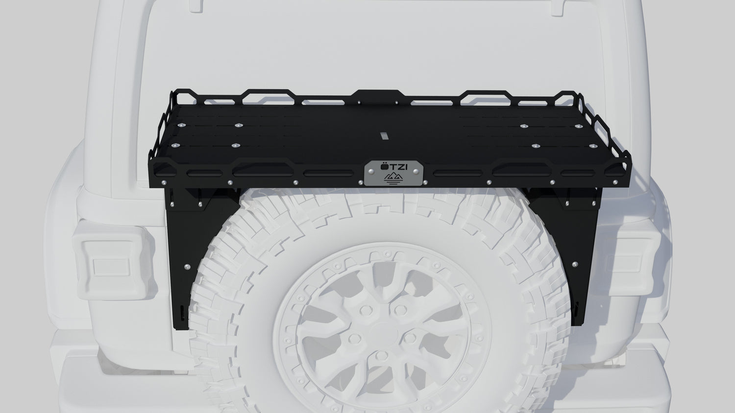 Foldable metal tailgate table mounted to the rear tire of an off-road vehicle.