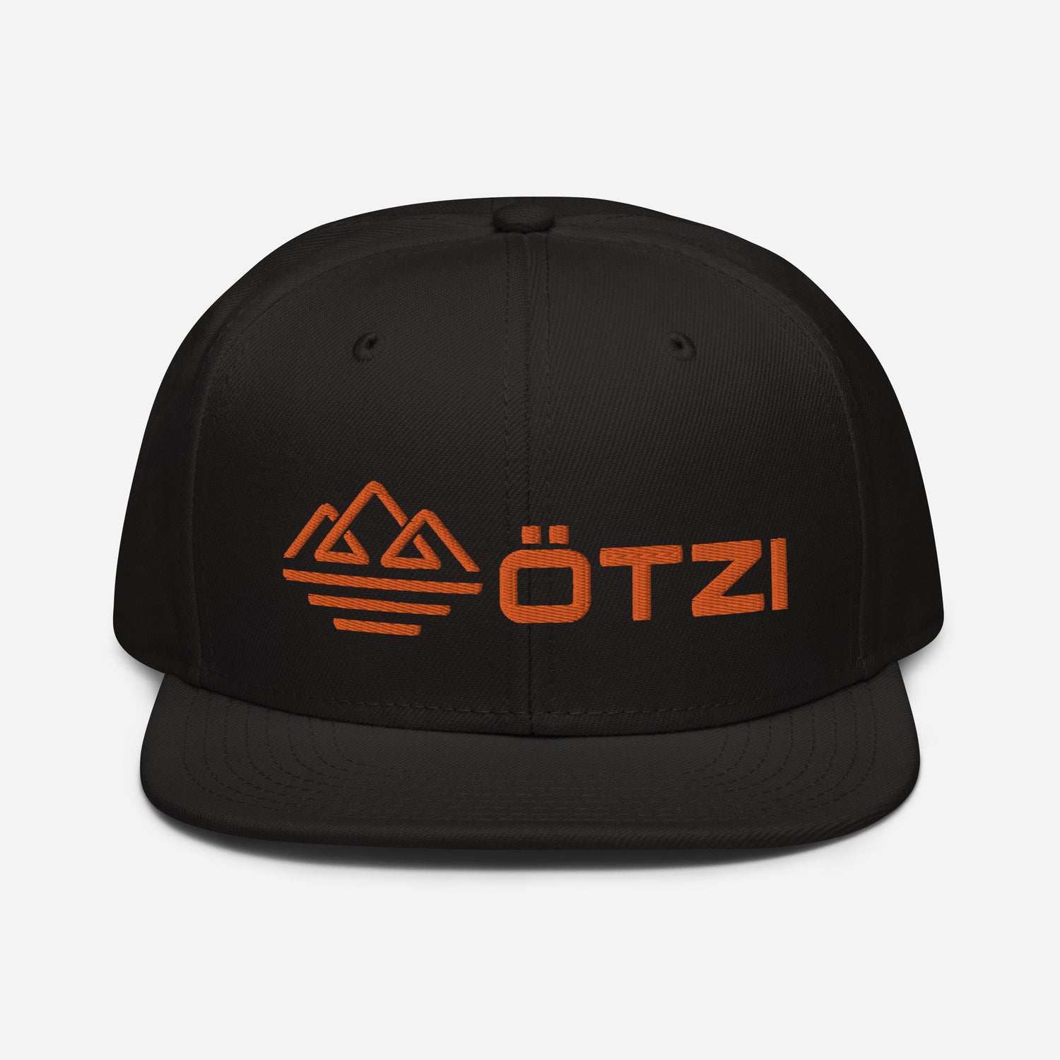 Black snapback hat with orange ÖTZI logo and mountain graphic on the front